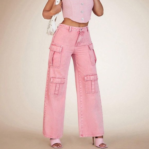 . Pants - Pink Preppy Womens Flap Pocket Cargo Jeans